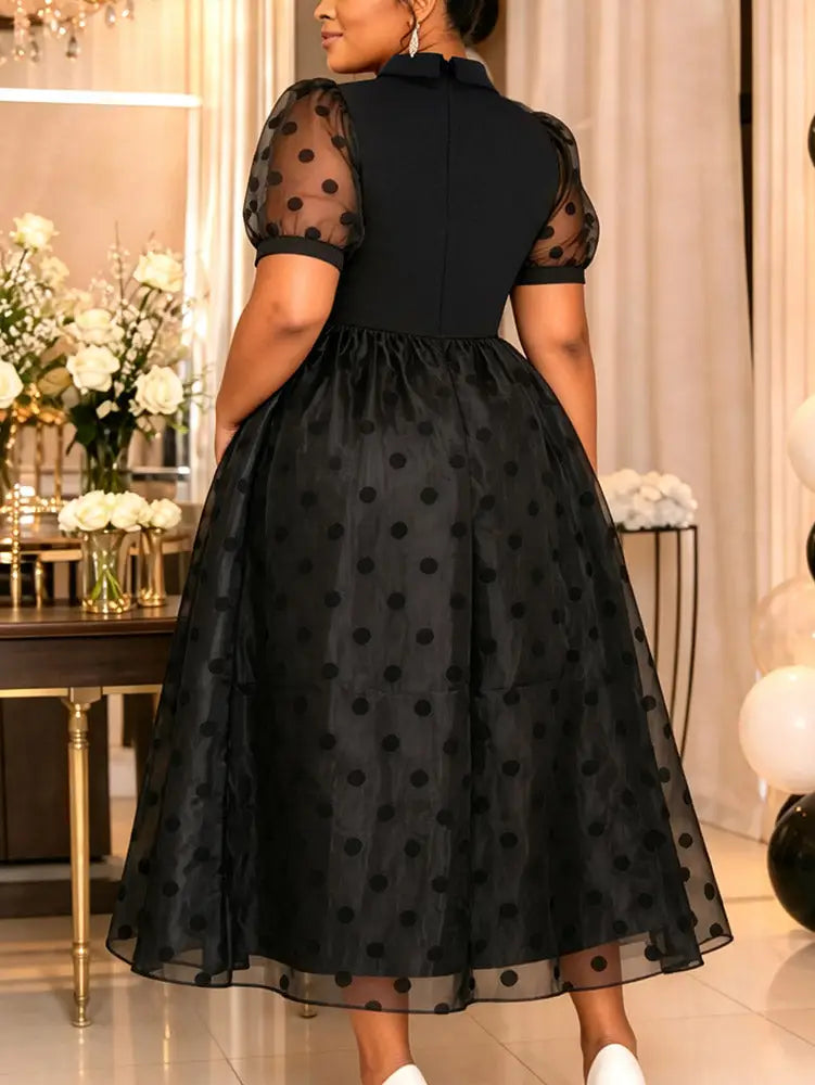 AOMEIDRESS A Line Midi Dress Polka Dot Puff Sleeve Sheer Lapel Collar