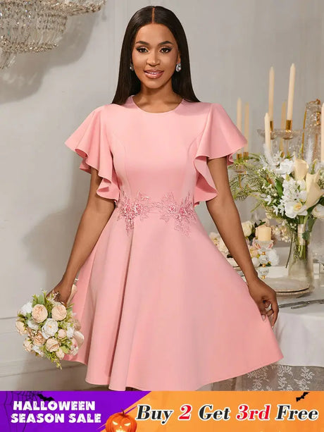 AOMEIDRESS A Line Mini Party Dress Batwing Sleeves Waist Embroidery Pink / S