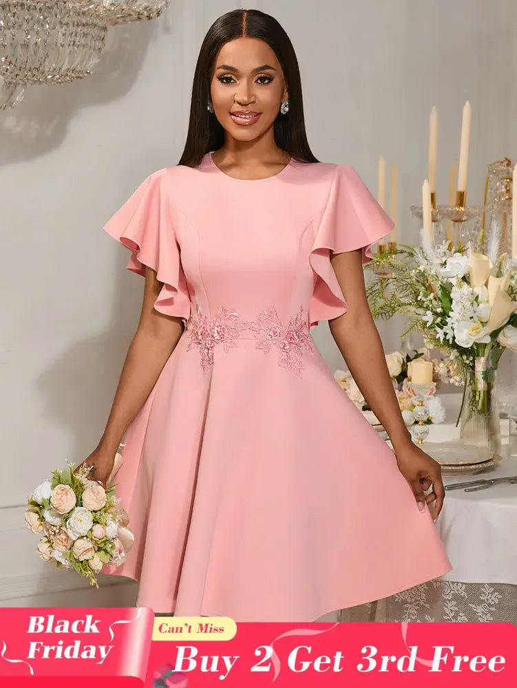 AOMEIDRESS A Line Mini Party Dress Batwing Sleeves Waist Embroidery Pink / S