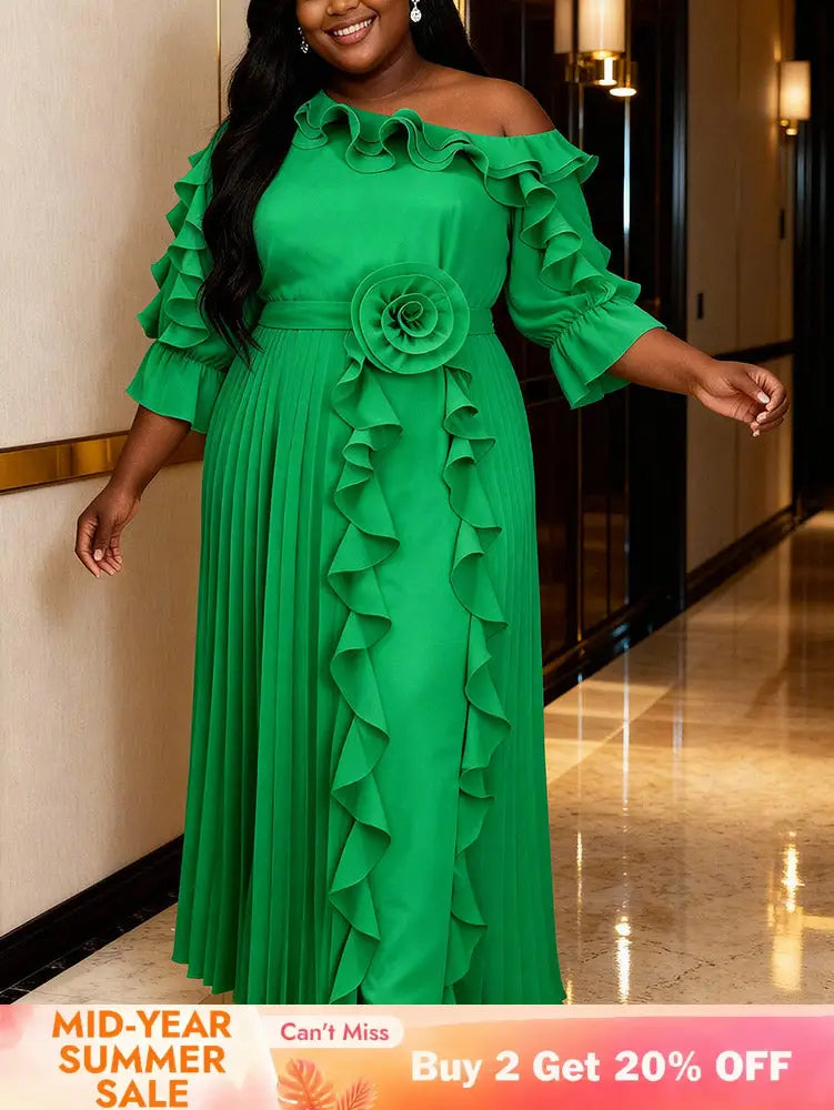 AOMEIDRESS A Line Off shoulder Chiffon Pleated Dress Ruffle 3D Flower - Green / 0XL
