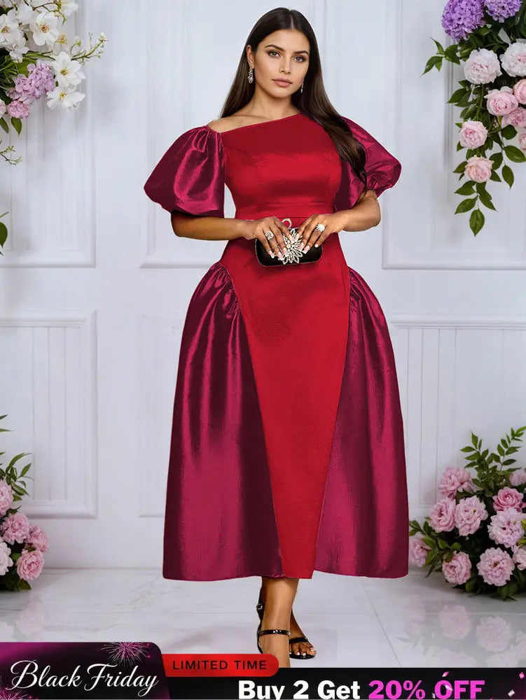 AOMEIDRESS A Line Off Shoulder Dress Puff Sleeve Colorblock Gowns Red / L