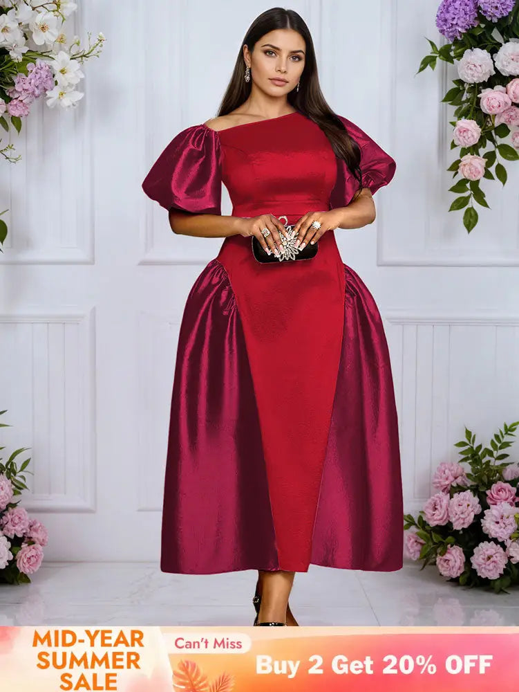 AOMEIDRESS A Line Off Shoulder Dress Puff Sleeve Colorblock Gowns Red / L