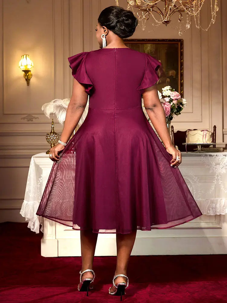 AOMEIDRESS A Line Party Dresses Beading Ruffles Sleeves Lining With Waist Buckle Elegant Curve Ladies