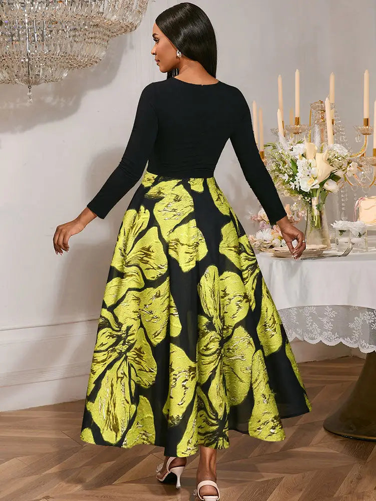 AOMEIDRESS A Line Patchwork Dress Gold Relief Print 3D Flower Gowns