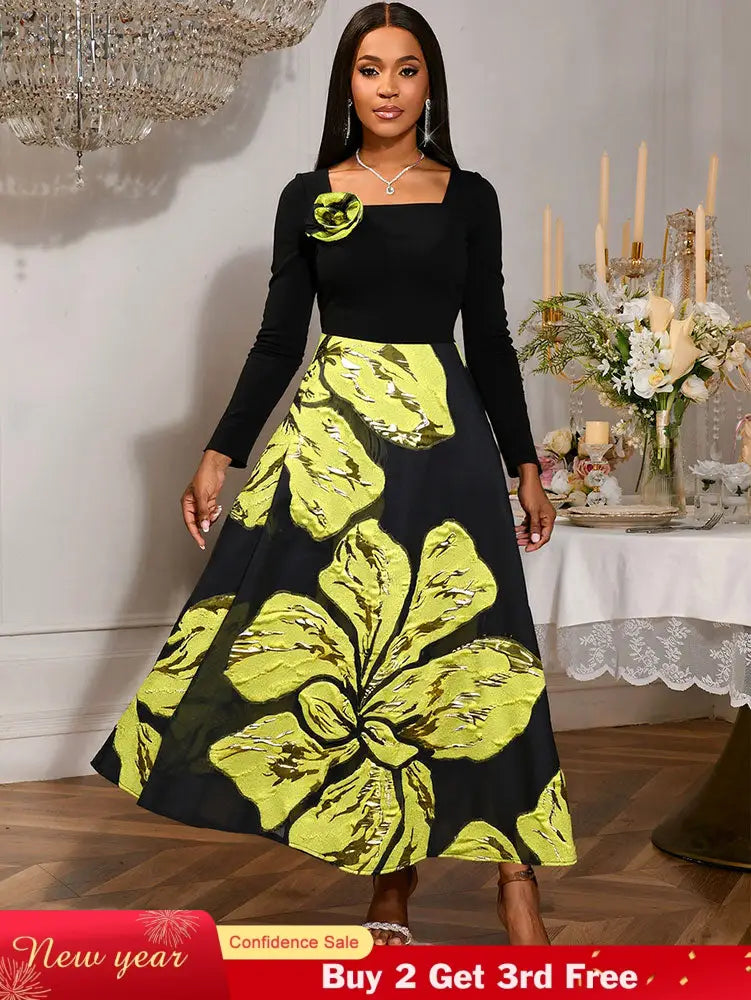 AOMEIDRESS A Line Patchwork Dress Gold Relief Print 3D Flower Gowns Black / S