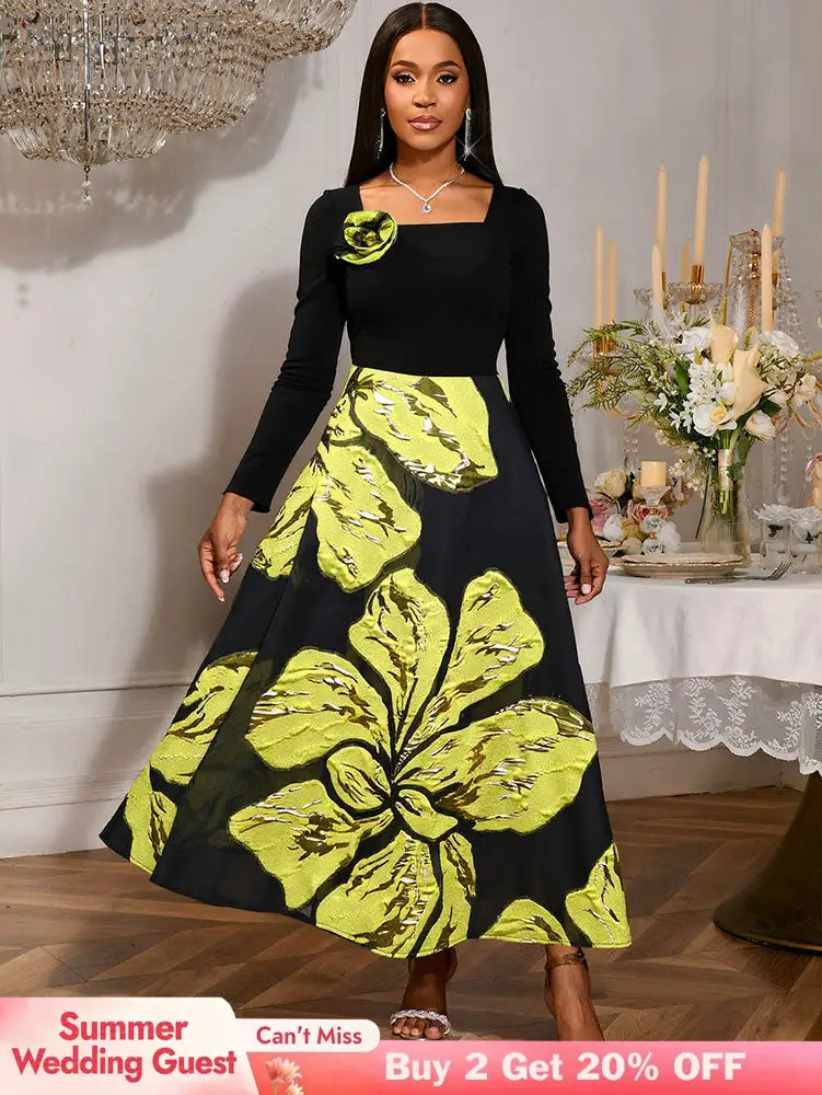 AOMEIDRESS A Line Patchwork Dress Gold Relief Print 3D Flower Gowns Black / S