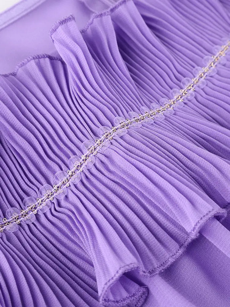 AOMEIDRESS A Line Pleated Chiffon Dress Off The Shoulder Puff Sleeves