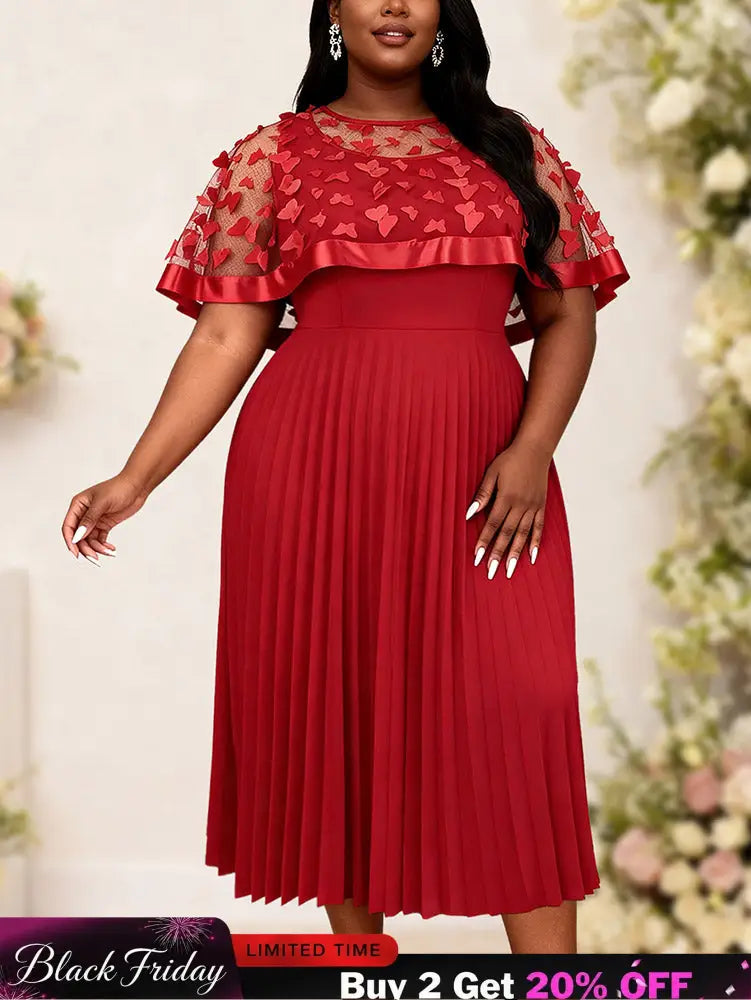 AOMEIDRESS A Line Pleated Dres with Bow Mesh Cape Chic Party Gowns - Red / S