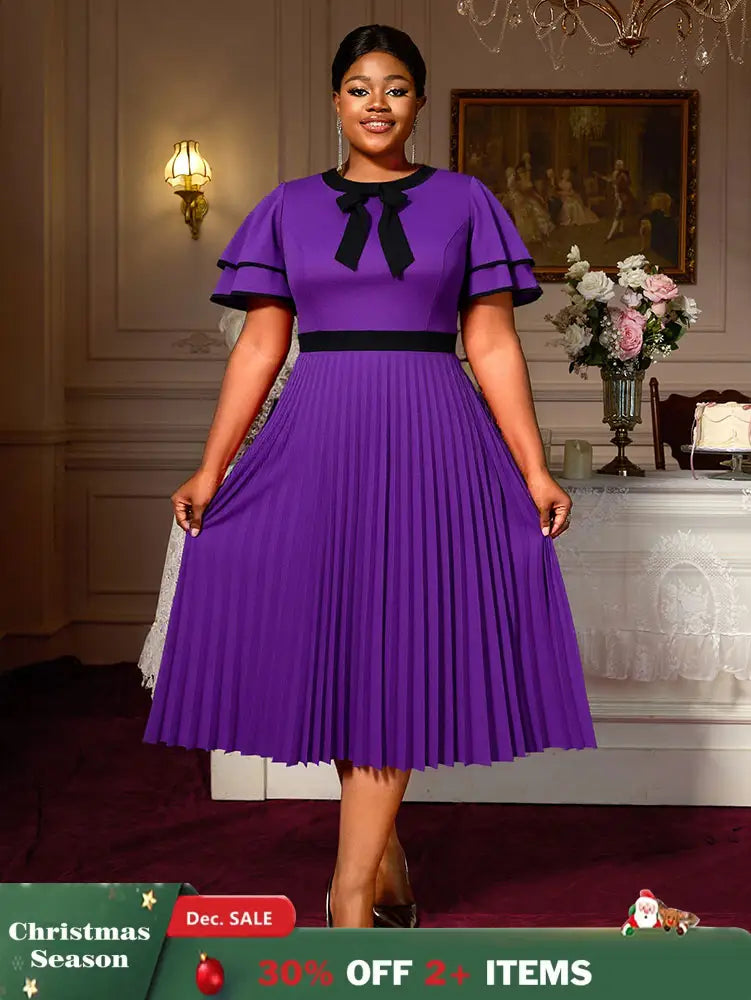 AOMEIDRESS A Line Pleated Dress Bow Neck Colorblock Party Outfit DarkPurple / S