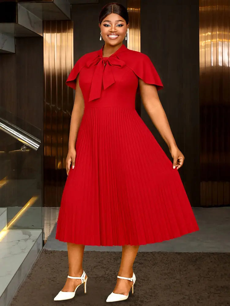 AOMEIDRESS A Line Pleated Dress Cape Sleeve Bow Collar Church Gowns