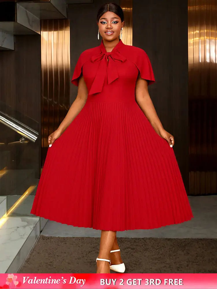 AOMEIDRESS A Line Pleated Dress Cape Sleeve Bow Collar Church Gowns Red / L