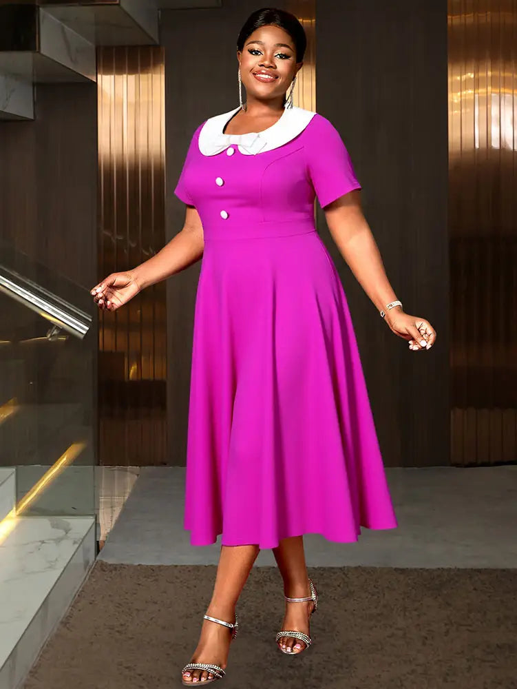 AOMEIDRESS A Line Pleated Dress Peter Pan Collar Short Sleeves Gowns