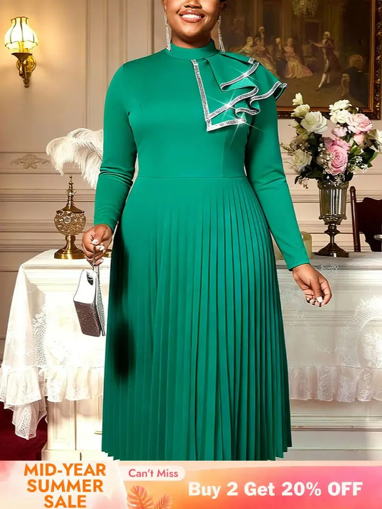 AOMEIDRESS A Line Pleated Dress Ruffles Colorblock Long Sleeves Gowns - Green / L