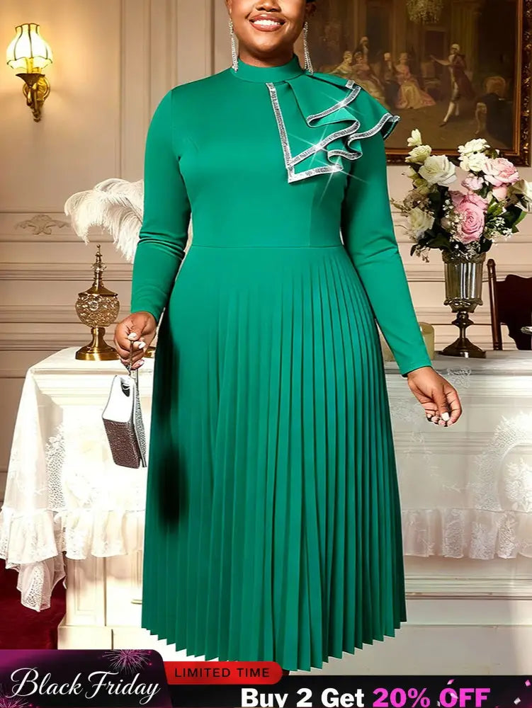 AOMEIDRESS A Line Pleated Dress Ruffles Colorblock Long Sleeves Gowns - Green / L