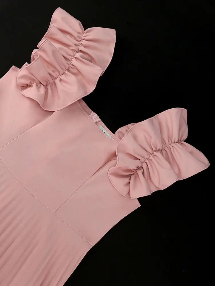 AOMEIDRESS A Line Pleated Dress Square Collar Sleeveless Ruffles