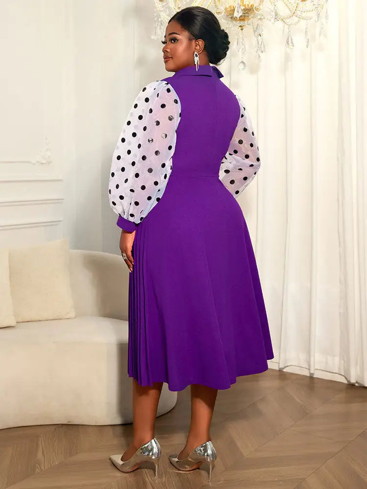 AOMEIDRESS A Line Pleated Dress V Neck Sheer Dot Puff Sleeves Gowns