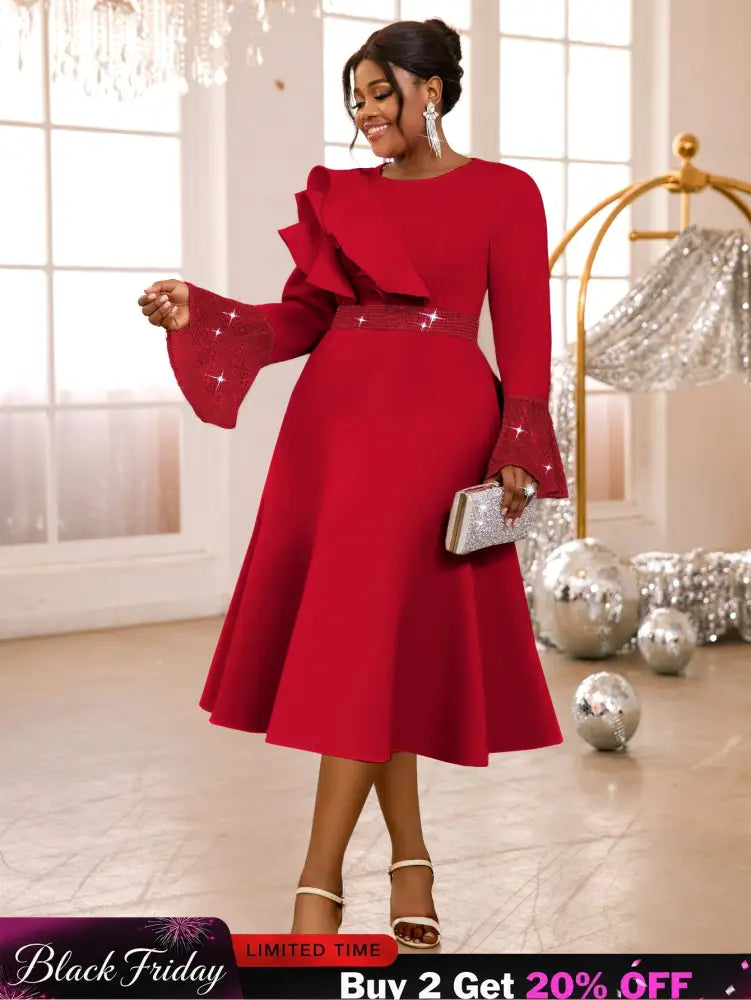 AOMEIDRESS A Line Sequins Ruffle Midi Dress Flare Sleeve For Party Red / S