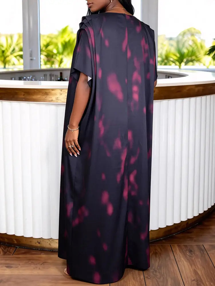 AOMEIDRESS Africa Bubu Dress Kaftan Priting Waist Tie Batwing Sleeves - Black / OneSize