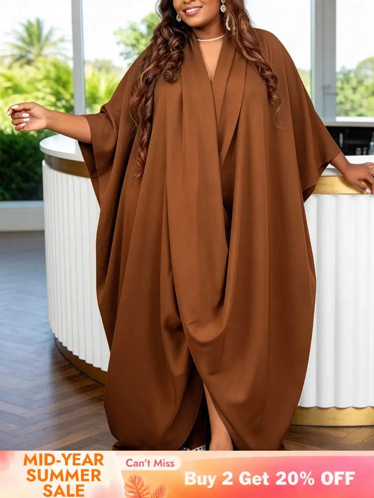 AOMEIDRESS Africa Bubu Dresses Kaftan V Neck Loose Batwing Sleeves - Brown / OneSize