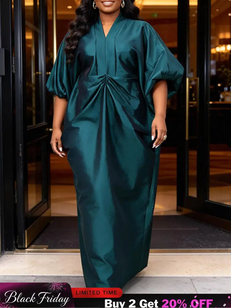 AOMEIDRESS African Kaftan Bubu Dress V Neck Shrring Loose Waist Tie - PeacockBlue / OneSize