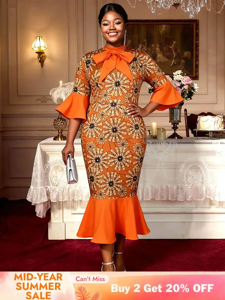 AOMEIDRESS African Printed Mermaid Dress Office Lady Church Gowns Orange / S