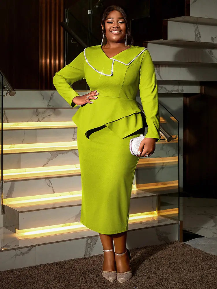 AOMEIDRESS Asymmetric Split V Neck Dress Beaded Long Sleeve Ruffles Green / S