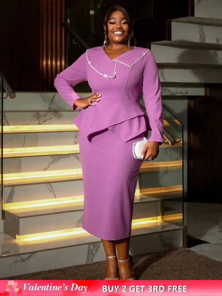 AOMEIDRESS Asymmetric Split V Neck Dress Beaded Long Sleeve Ruffles Purple / S