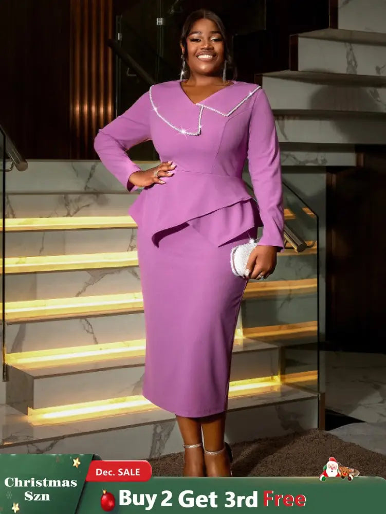 AOMEIDRESS Asymmetric Split V Neck Dress Beaded Long Sleeve Ruffles Purple / S