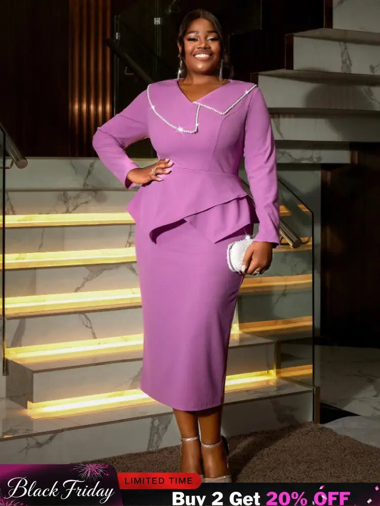 AOMEIDRESS Asymmetric Split V Neck Dress Beaded Long Sleeve Ruffles Purple / S