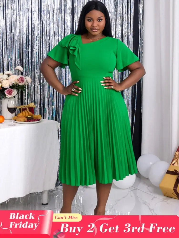 green asymmetrical neck midi dresses for women plus size pleated dress