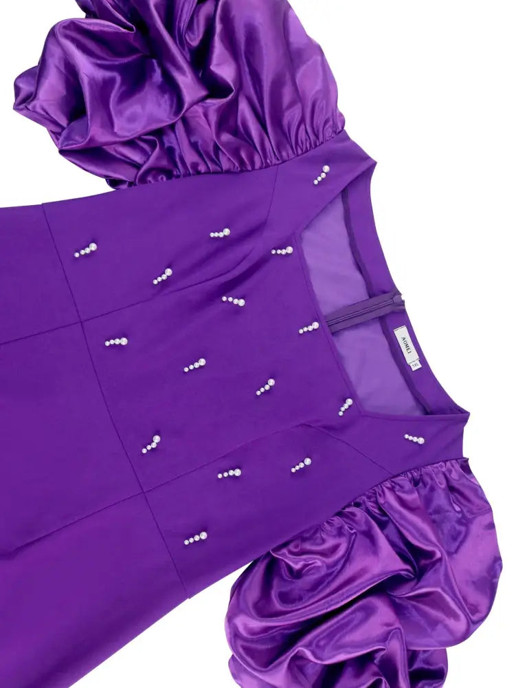 Women Elegant Purple Beaded Dress Short Ruffle Bubble Sleeve Square Neck Pencil Bodycon Gowns Evening Party Clothing Plus Size