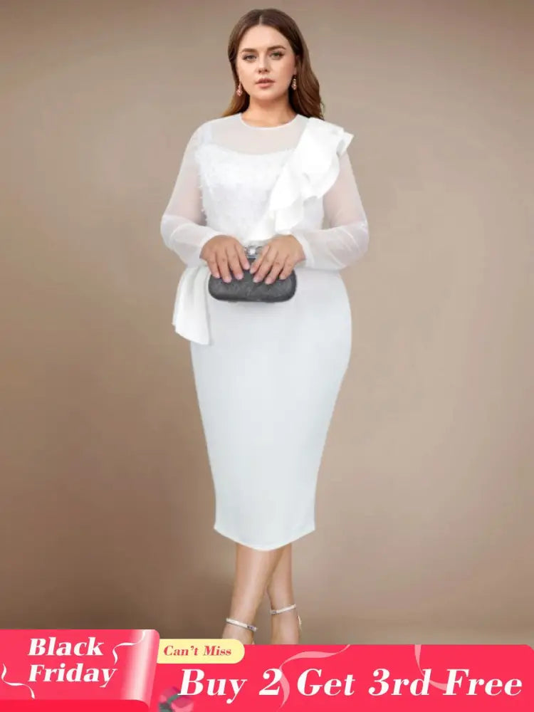 AOMEIDRESS Beaded Sheath Dress Ruffles O Neck Sheer Mesh Long Sleeves White / S