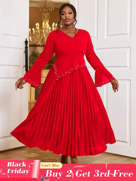 AOMEIDRESS Beading Pleated A Line Dress V Neck Long Flare Sleeve Maxi Red / S