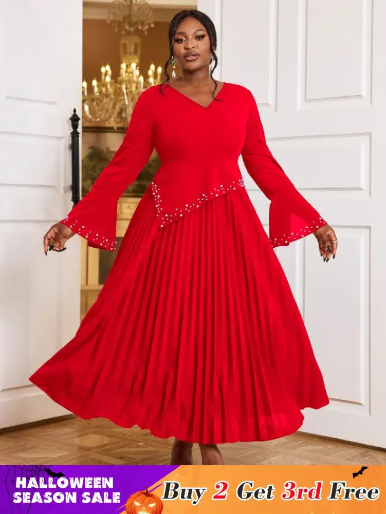 AOMEIDRESS Beading Pleated A Line Dress V Neck Long Flare Sleeve Maxi Red / S