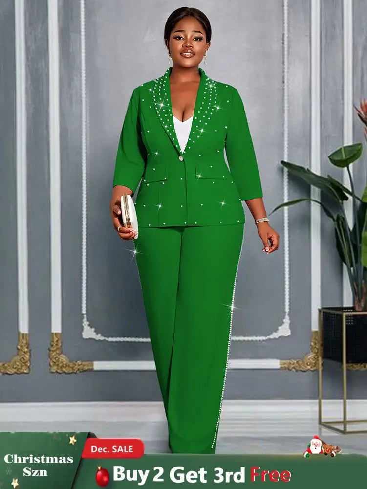 AOMEIDRESS Beading Two Pieces Set Office Ladies Party Classy Suits Green / L