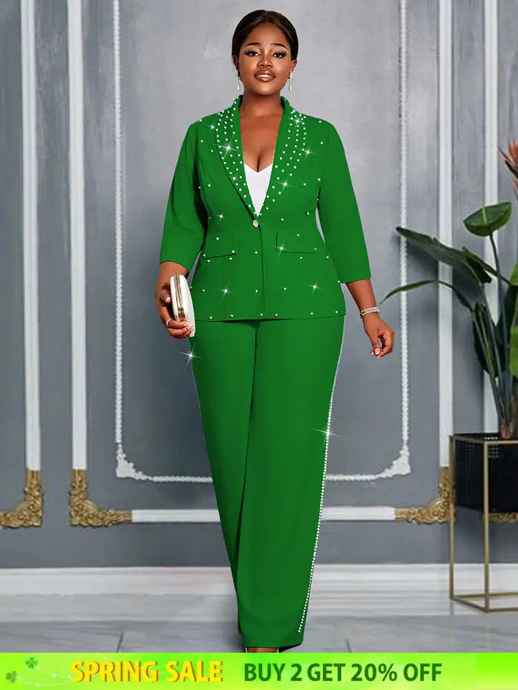 AOMEIDRESS Beading Two Pieces Set Office Ladies Party Classy Suits Green / L