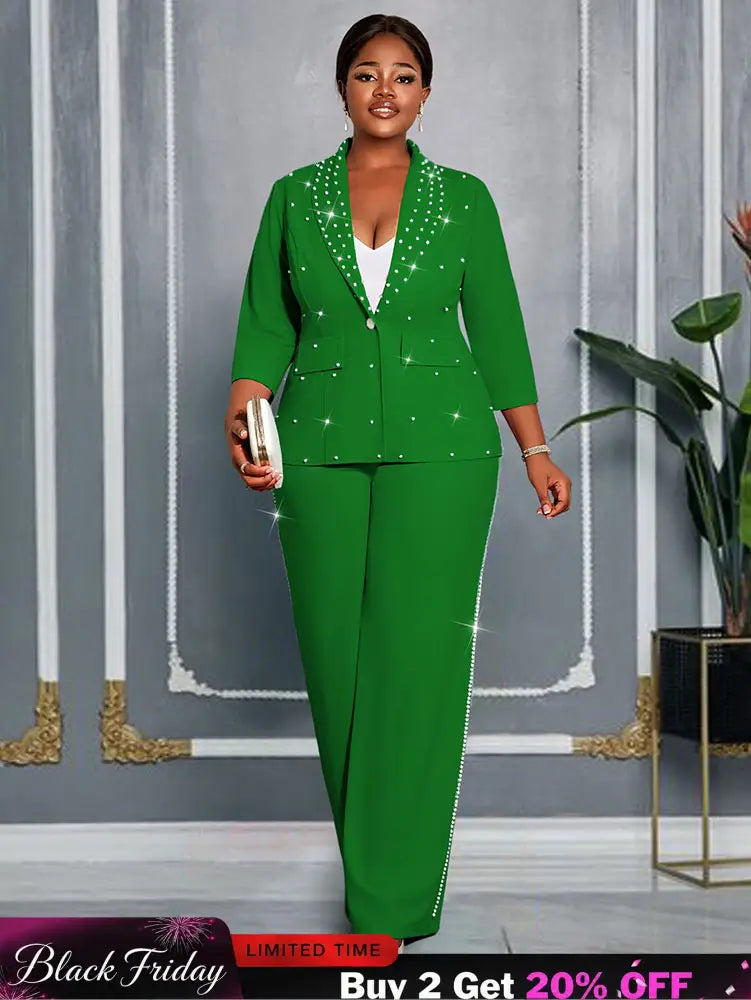AOMEIDRESS Beading Two Pieces Set Office Ladies Party Classy Suits Green / L