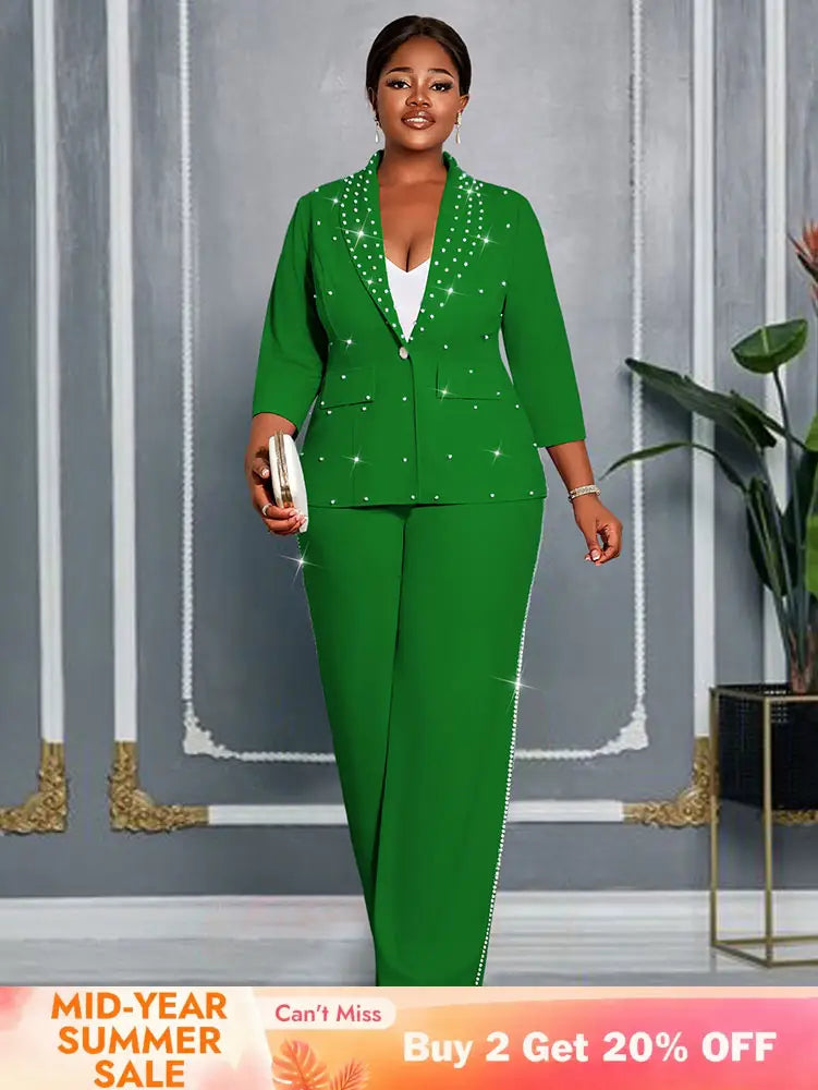 AOMEIDRESS Beading Two Pieces Set Office Ladies Party Classy Suits Green / L
