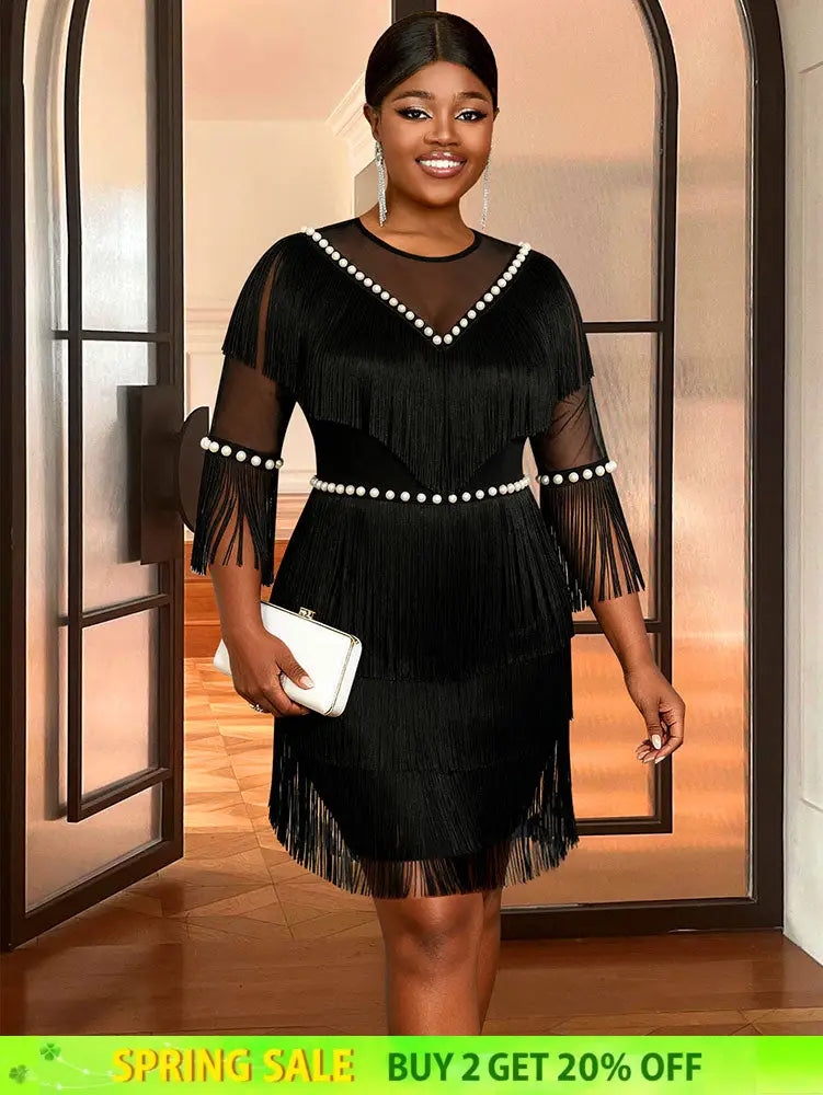 AOMEIDRESS Black Fringe Beaded Mini Dress Party Cocktail Events Gowns Black / S