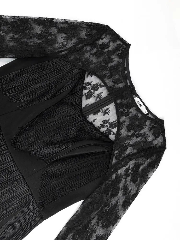 AOMEIDRESS Black Lace Fringe Dress Cut Out Neck Package Hip Gowns