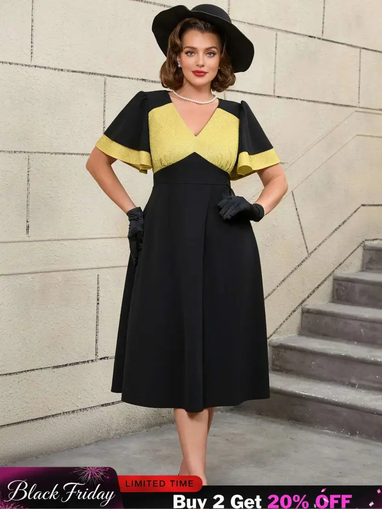 AOMEIDRESS Black Ruffle Sleeve A Line Dress with Gold Patchwork Fabric Black / S