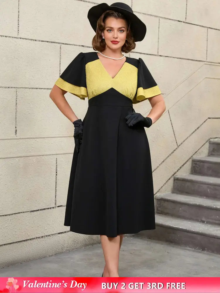 AOMEIDRESS Black Ruffle Sleeve A Line Dress with Gold Patchwork Fabric Black / S