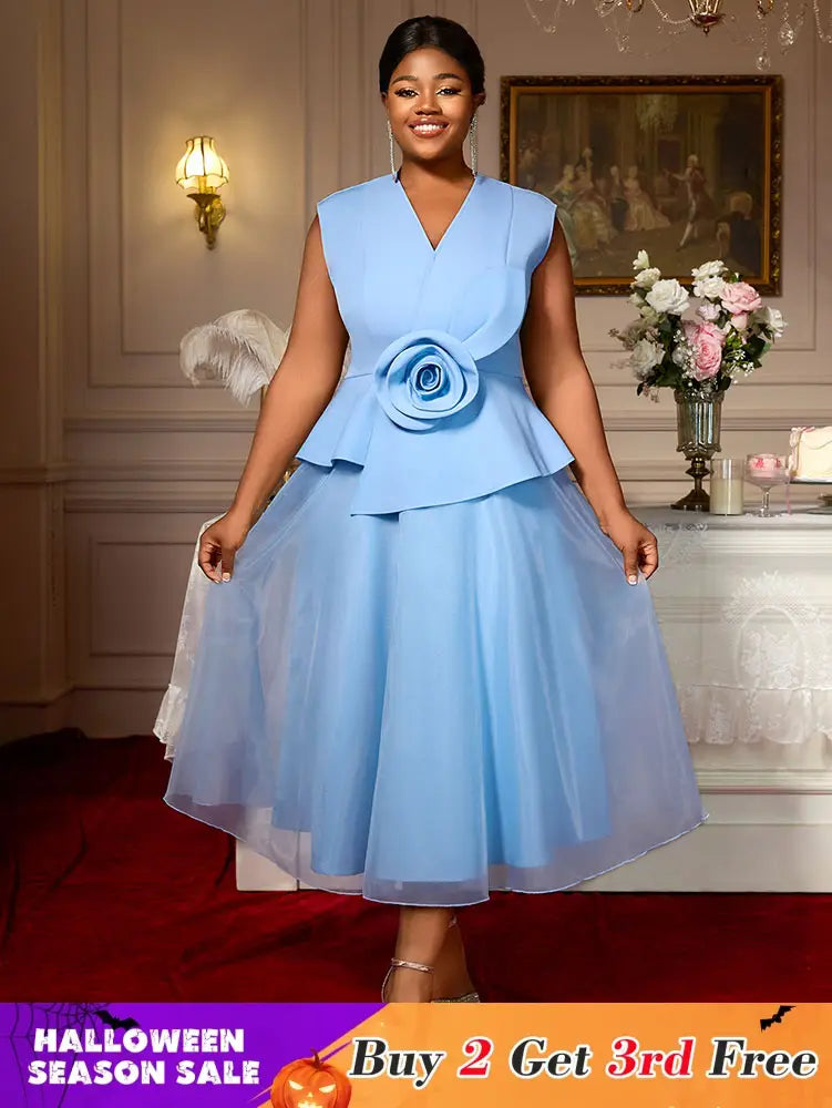 AOMEIDRESS Blue A Line Wedding Party Dress 3D Flower Sleeveless Peplum Blue / S