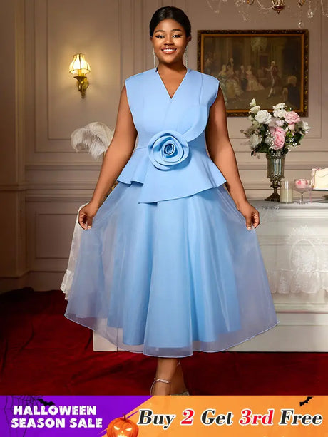 AOMEIDRESS Blue A Line Wedding Party Dress 3D Flower Sleeveless Peplum Blue / S