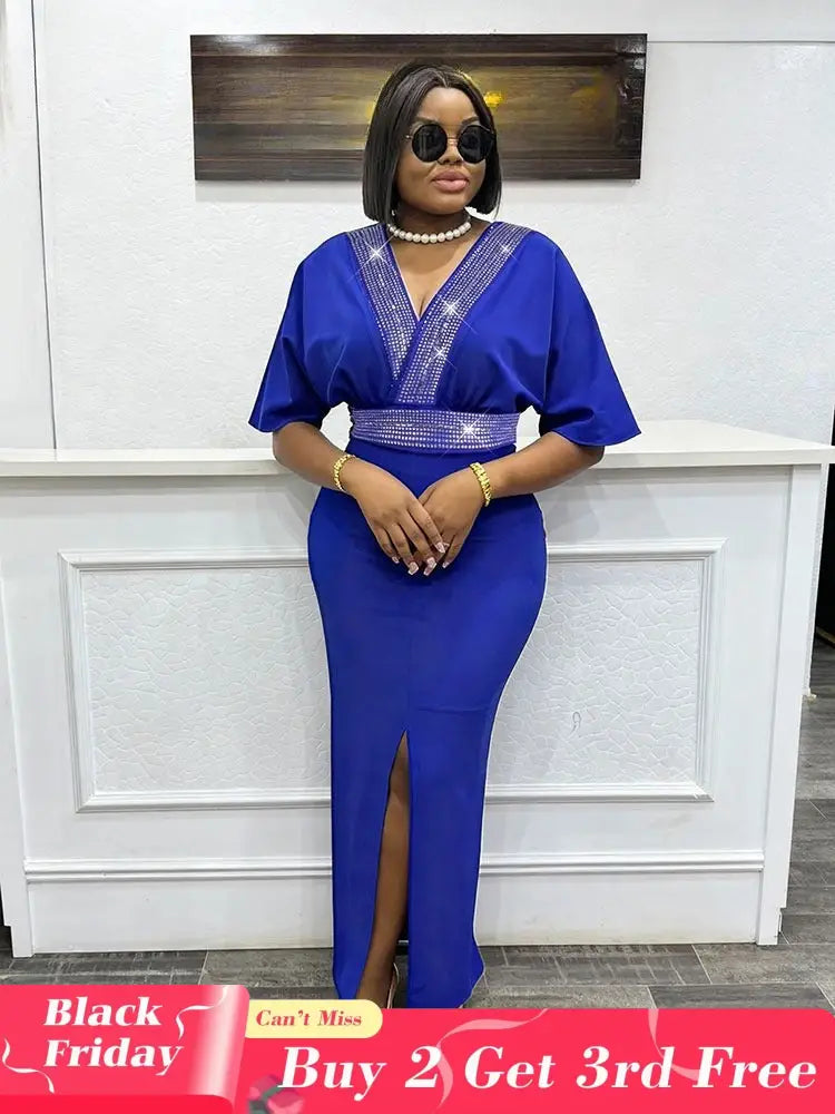 AOMEIDRESS Blue Bodycon Dress V Neck Rhinestone Belt Slit for Party Blue / L