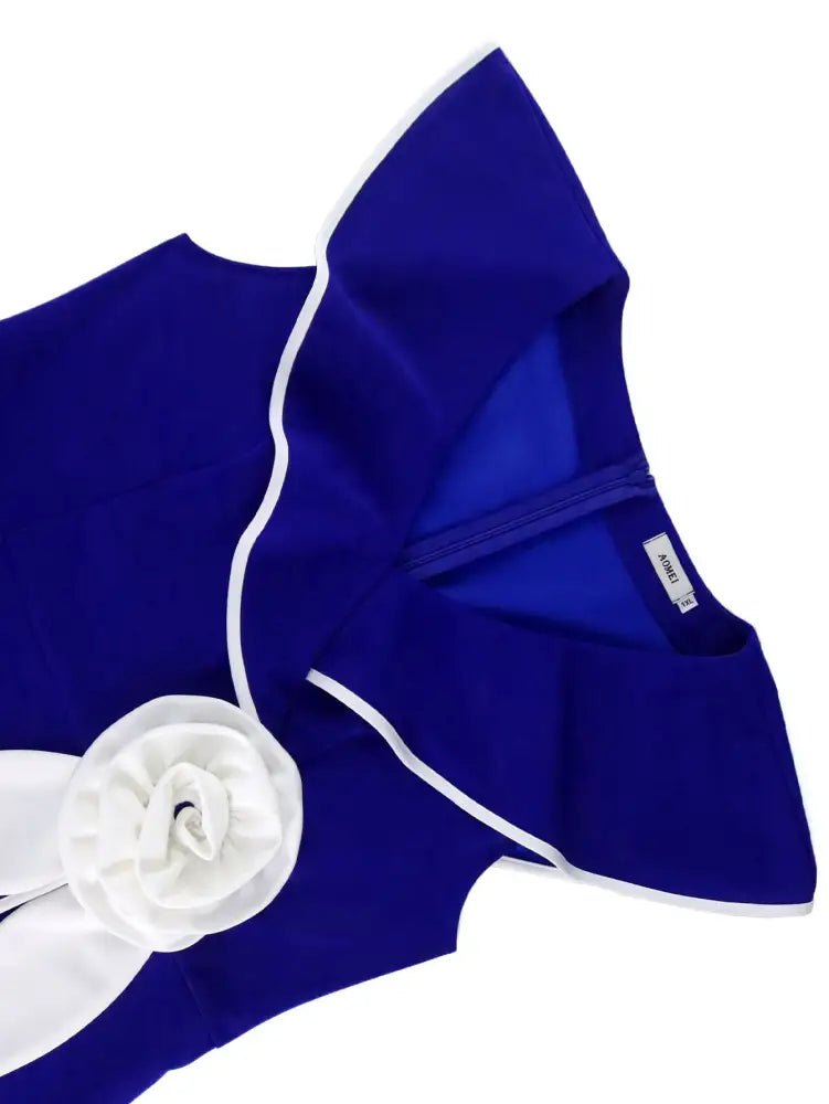AOMEIDRESS Blue Dresses For Wedding Color Block 3D Flower Bell Sleeve Chic