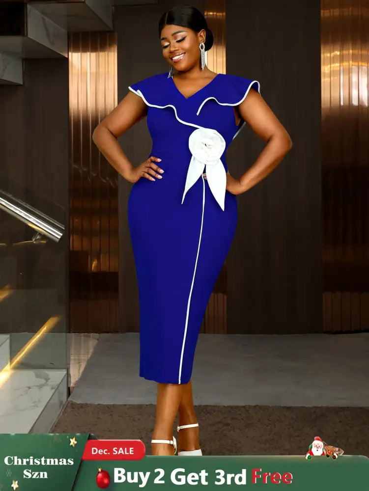 AOMEIDRESS Blue Dresses for Wedding Color Block 3D Flower Ruffle Sleeve