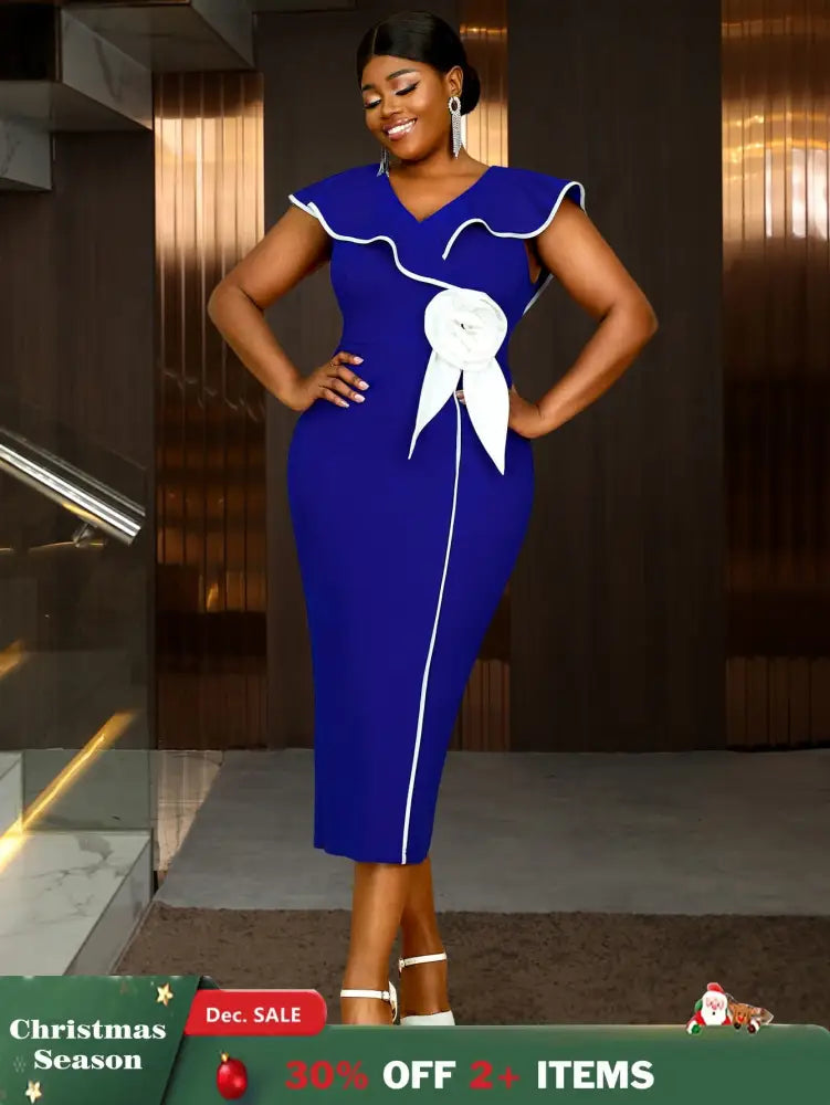 AOMEIDRESS Blue Dresses for Wedding Color Block 3D Flower Ruffle Sleeve