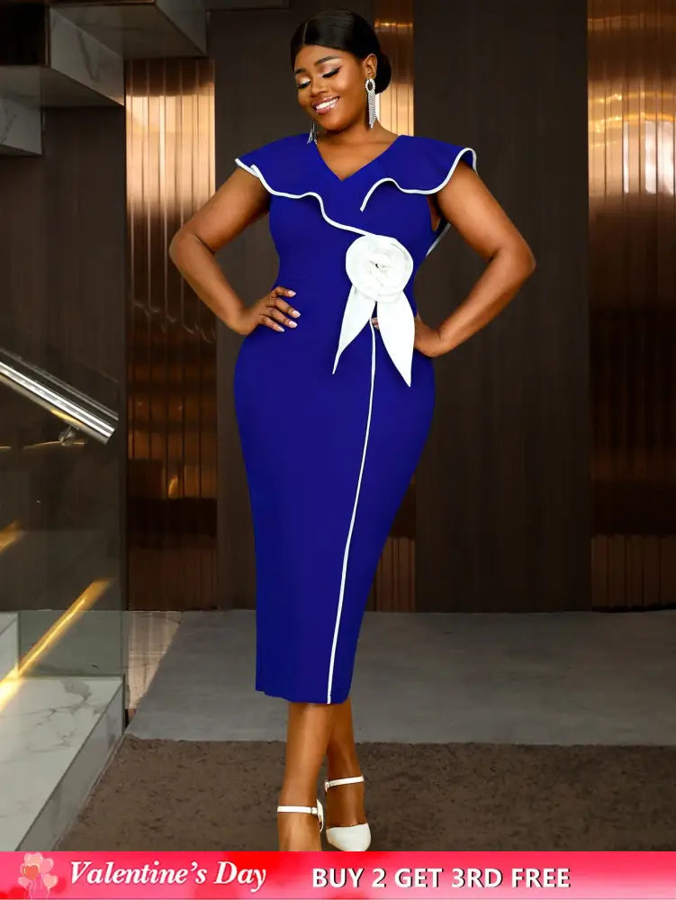 AOMEIDRESS Blue Dresses for Wedding Color Block 3D Flower Ruffle Sleeve