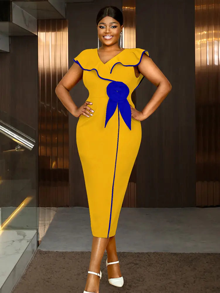 AOMEIDRESS Blue Dresses for Wedding Color Block 3D Flower Ruffle Sleeve Formal Mother of the Bride Dresses Yellow / S